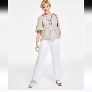 Women's 100% Linen Embellished Split-Neck Top Size M